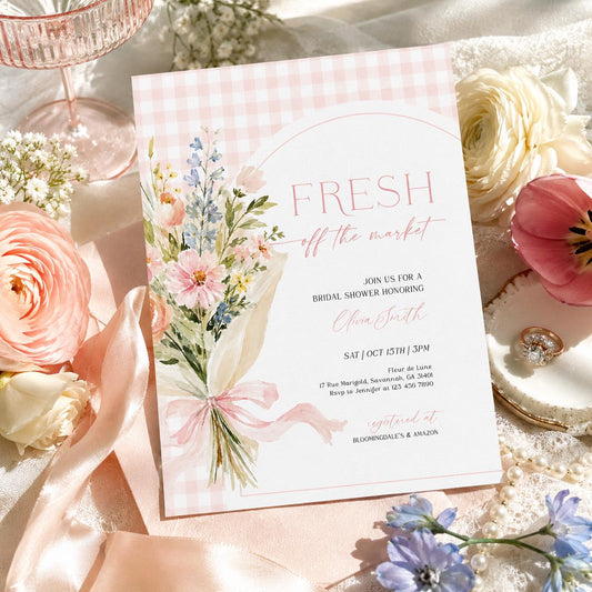 Fresh Off the Market bridal shower invitation with wrapped pastel bouquet and pink gingham