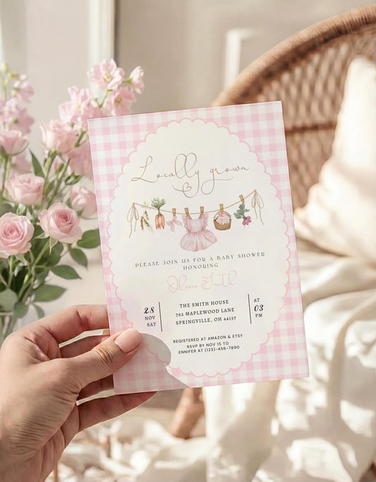 Editable details of locally grown baby shower invitation with pink gingham scalloped frame and garden clothesline