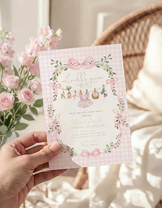 Editable details of locally grown coquette baby shower invitation with pink gingham floral bows and garden clothesline