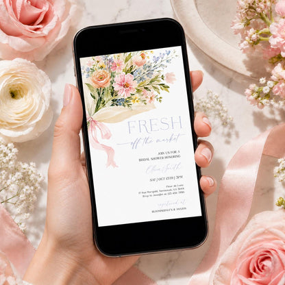 Editable details of fresh off the market bridal shower invitation with airy pastel bouquet and pink ribbon