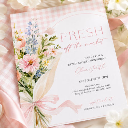 Preview of fresh off the market bridal shower invitation with wrapped pastel bouquet and pink gingham