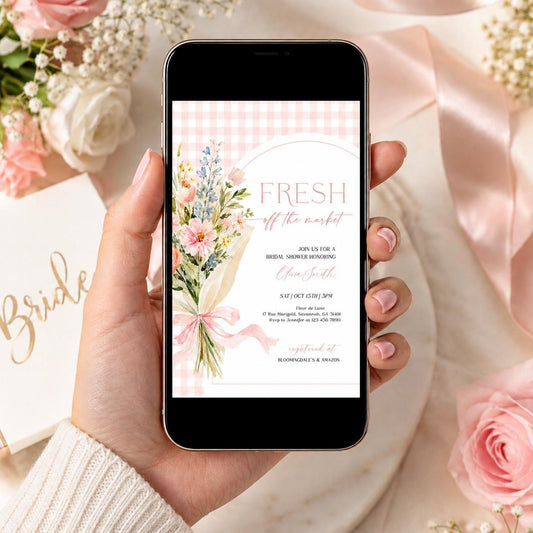 Editable details of fresh off the market bridal shower invitation with wrapped pastel bouquet and pink gingham
