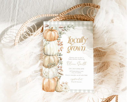 Editable details of locally grown little pumpkin baby shower invitation with sage gingham, pumpkins and mushrooms