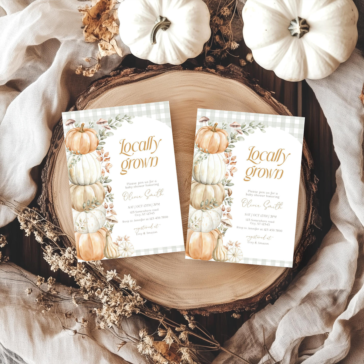 Locally Grown Little Pumpkin baby shower invitation with sage gingham, pumpkins and mushrooms