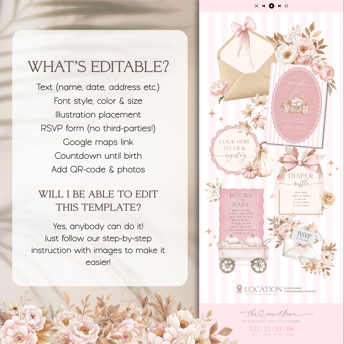 Baby Shower Website Invitation: Pink Little Pumpkin template details 3