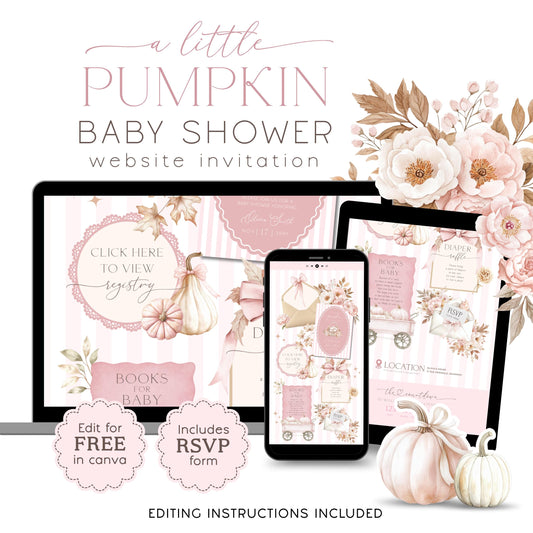 Baby Shower Website Invitation: Pink Little Pumpkin editable Canva template preview