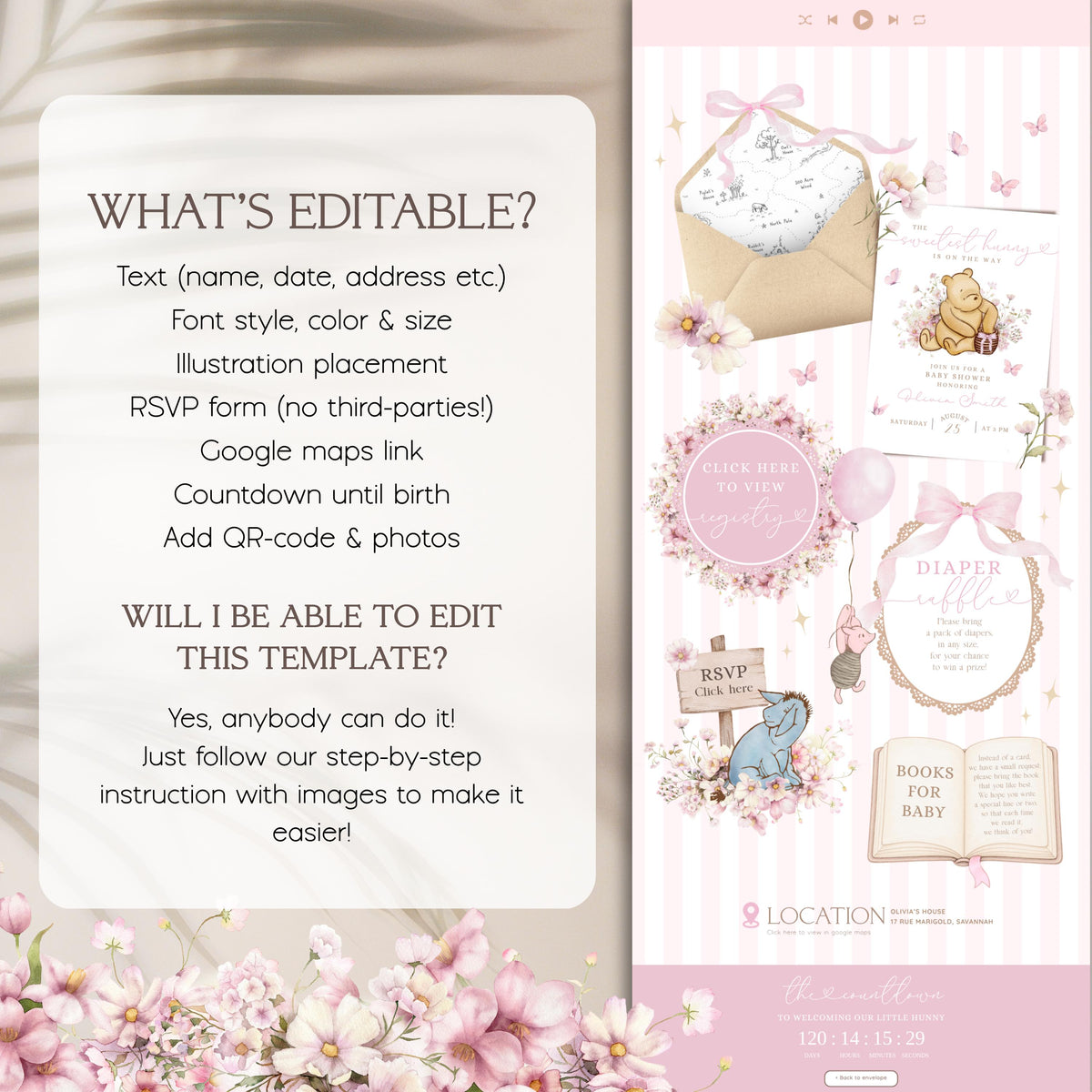 Baby Shower Website Invitation: Pink Winnie the Pooh template details 2