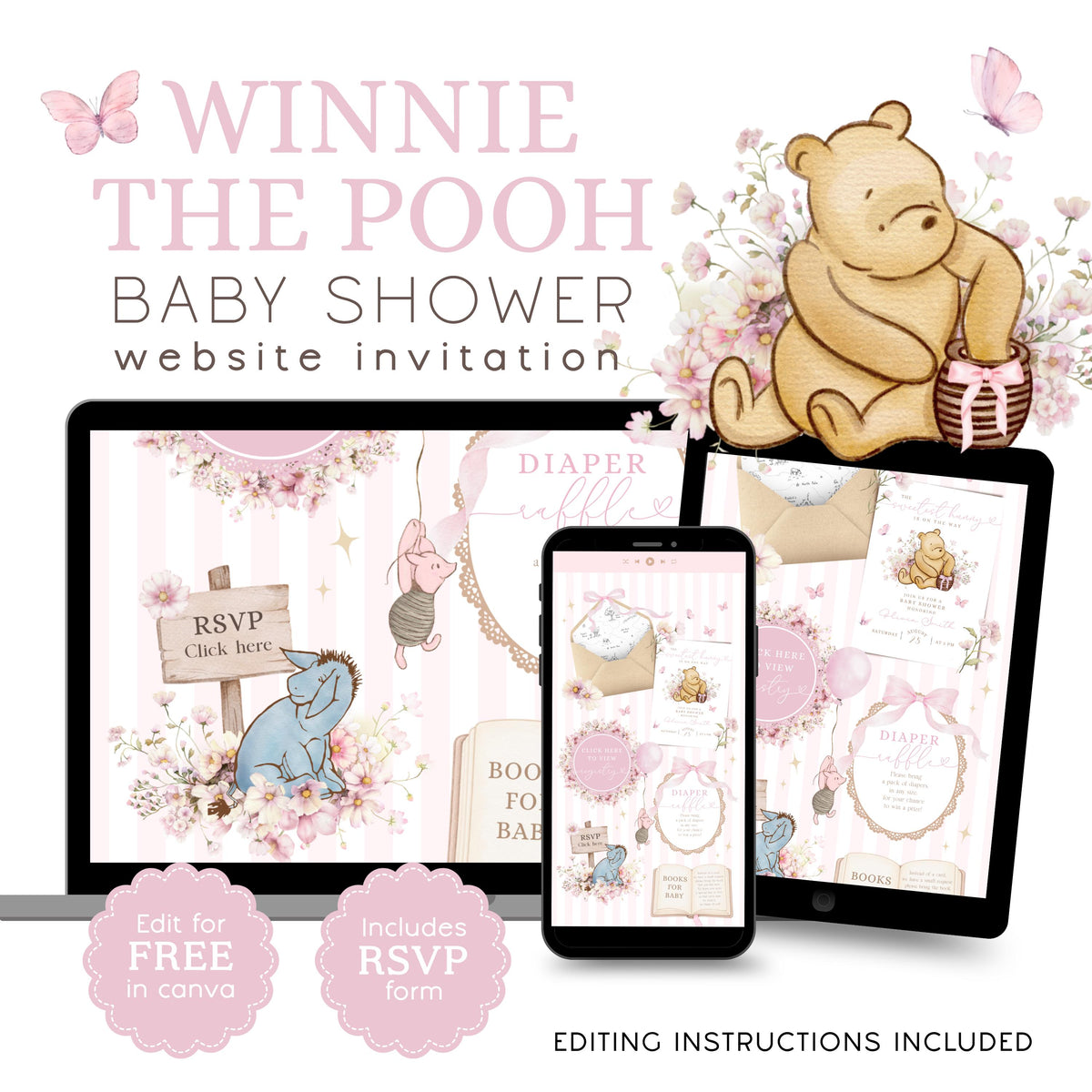 Baby Shower Website Invitation: Pink Winnie the Pooh editable Canva template preview