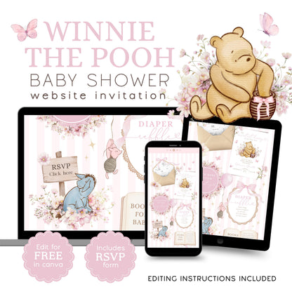 Baby Shower Website Invitation: Pink Winnie the Pooh editable Canva template preview