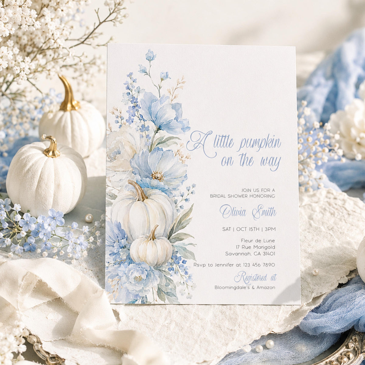 Baby Shower Invitation: Blue Little Pumpkin editable Canva template preview