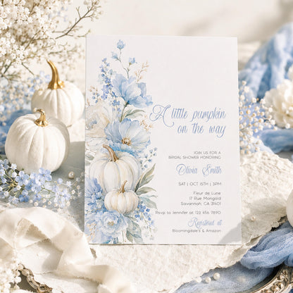 Baby Shower Invitation: Blue Little Pumpkin editable Canva template preview