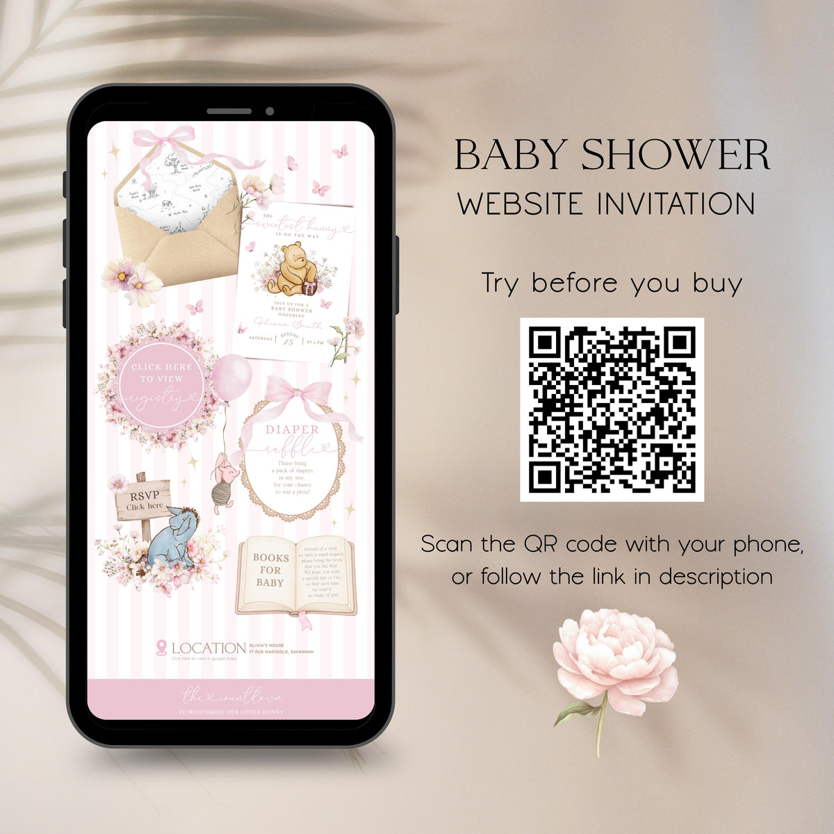 Baby Shower Website Invitation: Pink Winnie the Pooh template details 4
