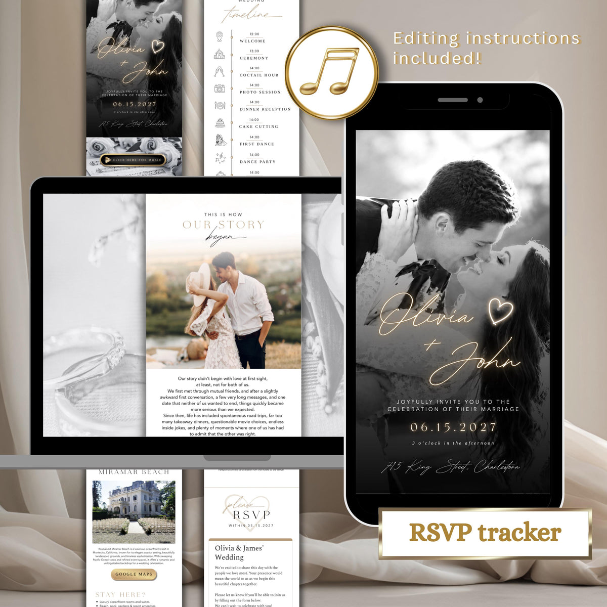 Wedding Website Template: Lace Envelope editable Canva template preview