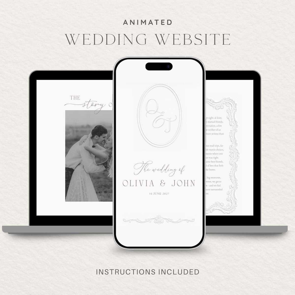 Wedding Website Template: Embossed Monogram editable Canva template preview