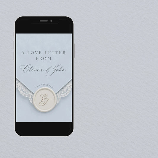 WD10 light blue floral wedding website invitation video preview on a phone.