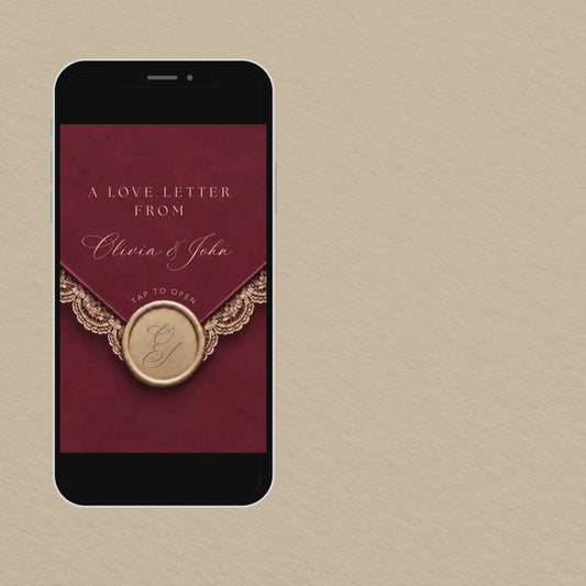 Video preview of the WD11 burgundy floral wedding website invitation on a phone.