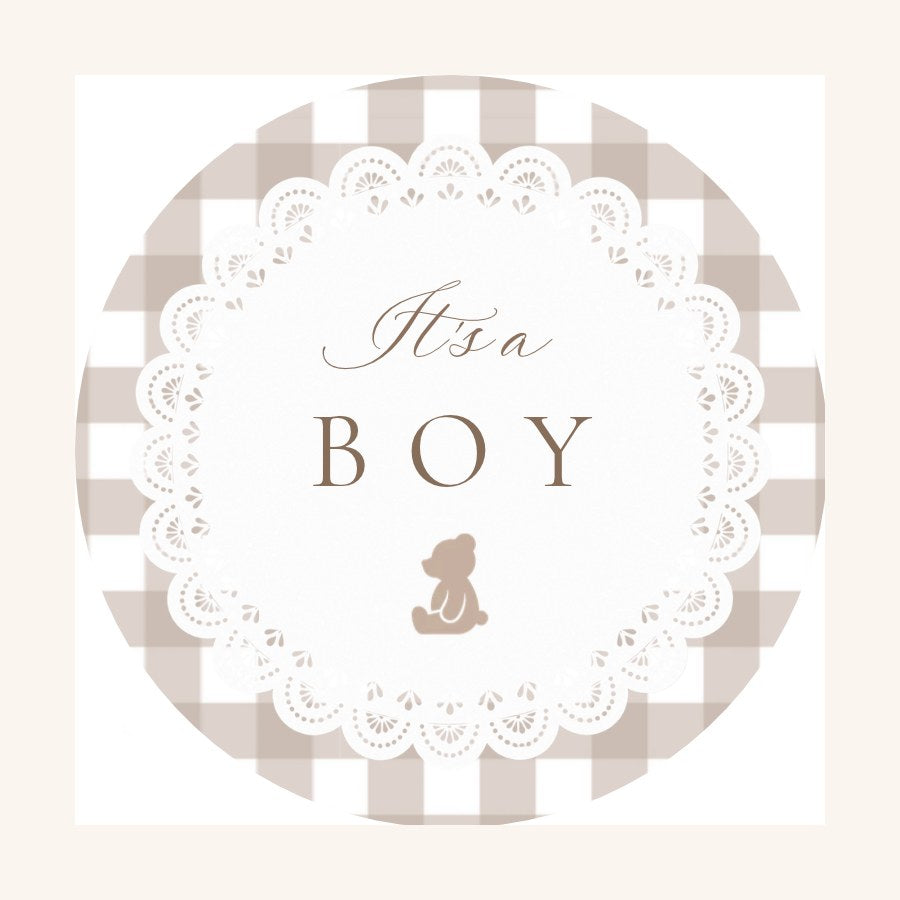 It's a Boy teddy bear baby shower cupcake topper in beige gingham with a lace border