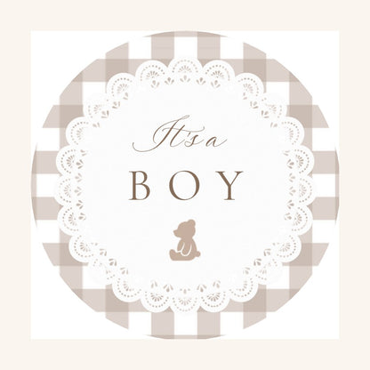It's a Boy teddy bear baby shower cupcake topper in beige gingham with a lace border