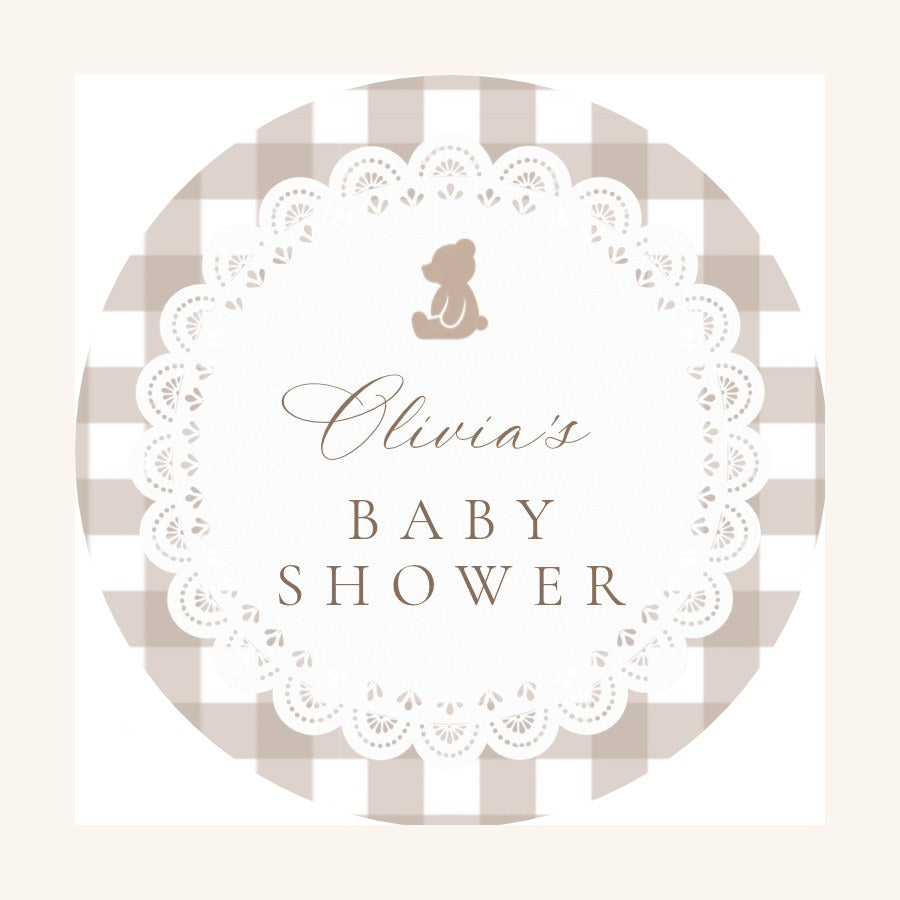 Editable name baby shower cupcake topper with teddy bear and beige gingham, edit in Canva