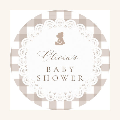 Editable name baby shower cupcake topper with teddy bear and beige gingham, edit in Canva