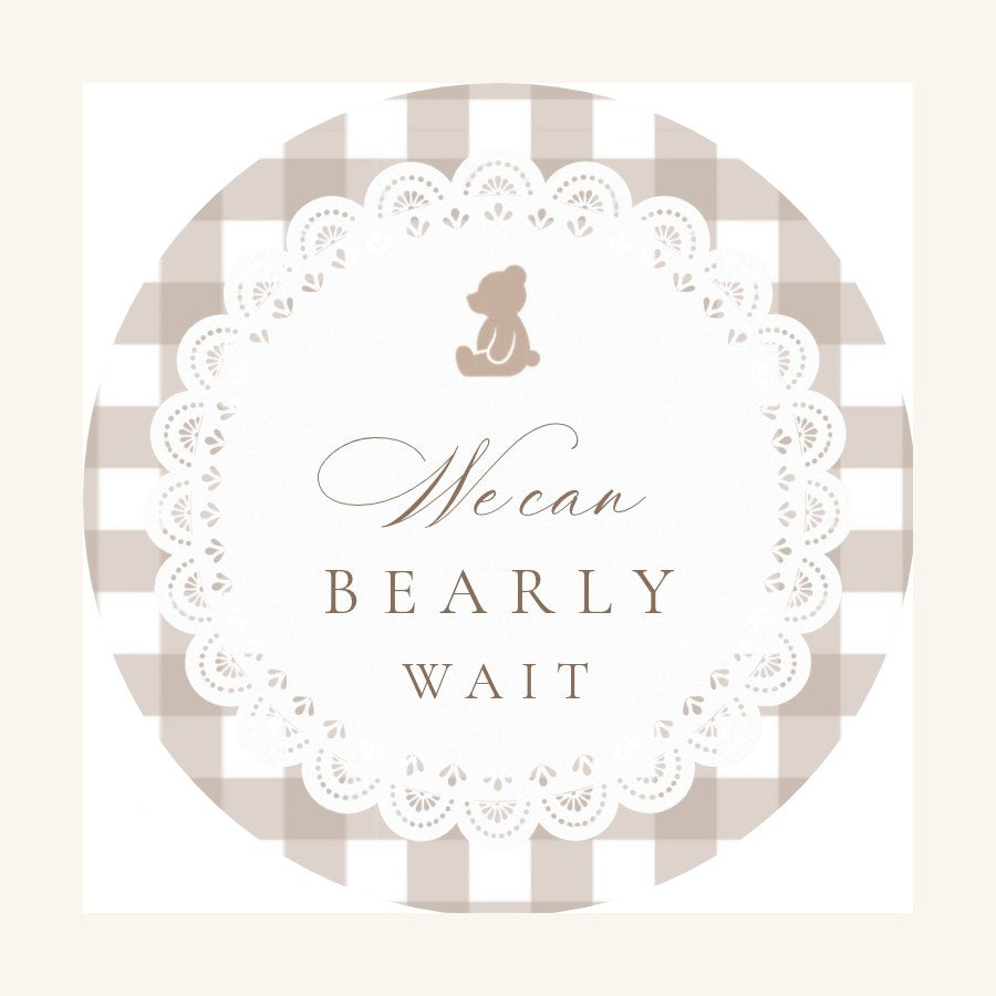 We Can Bearly Wait teddy bear baby shower cupcake topper in beige gingham