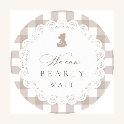 We Can Bearly Wait teddy bear baby shower cupcake topper in beige gingham