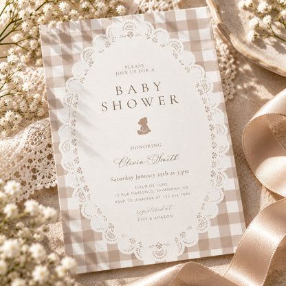 Teddy bear baby shower invitation with a white lace doily frame on beige gingham