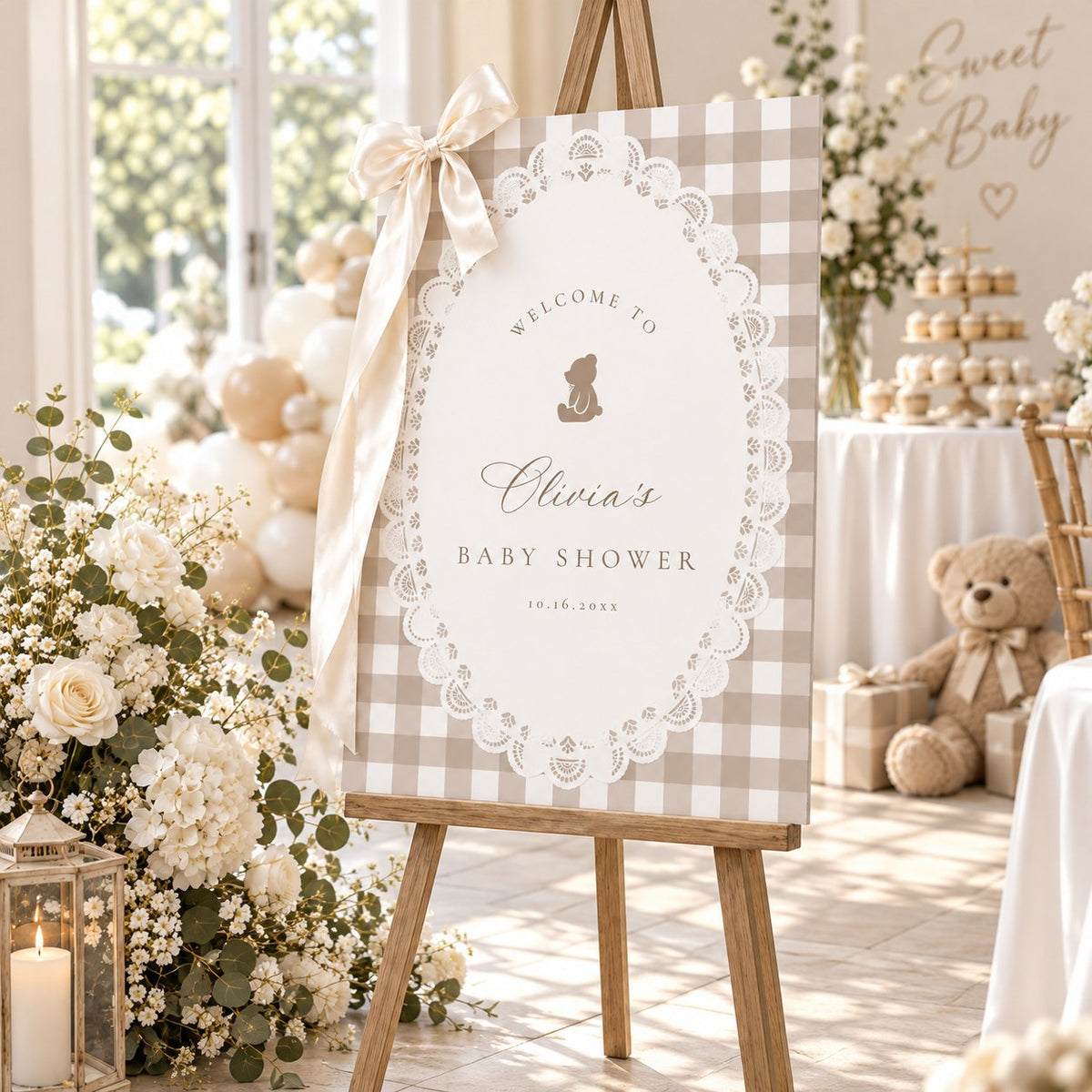 Teddy bear baby shower welcome sign with white lace and beige gingham at a party entrance