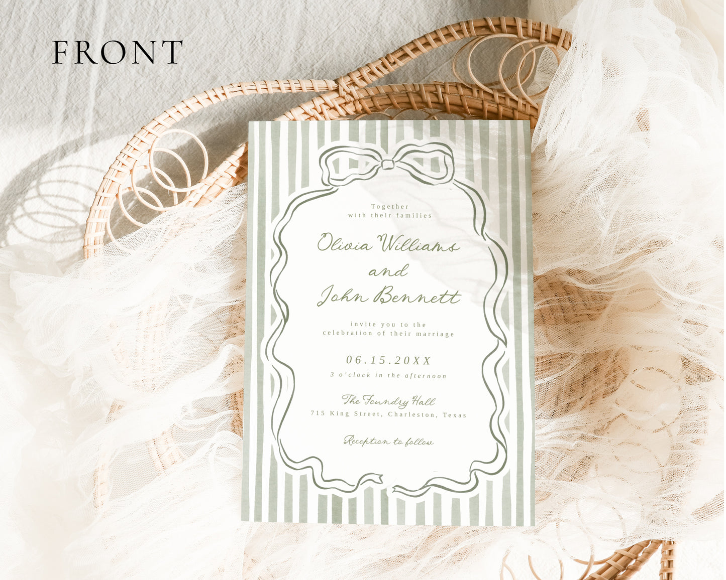 Sage Green Bow Wedding Invitation Set | Editable Canva Templates