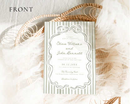 Sage Green Bow Wedding Invitation Set | Editable Canva Templates