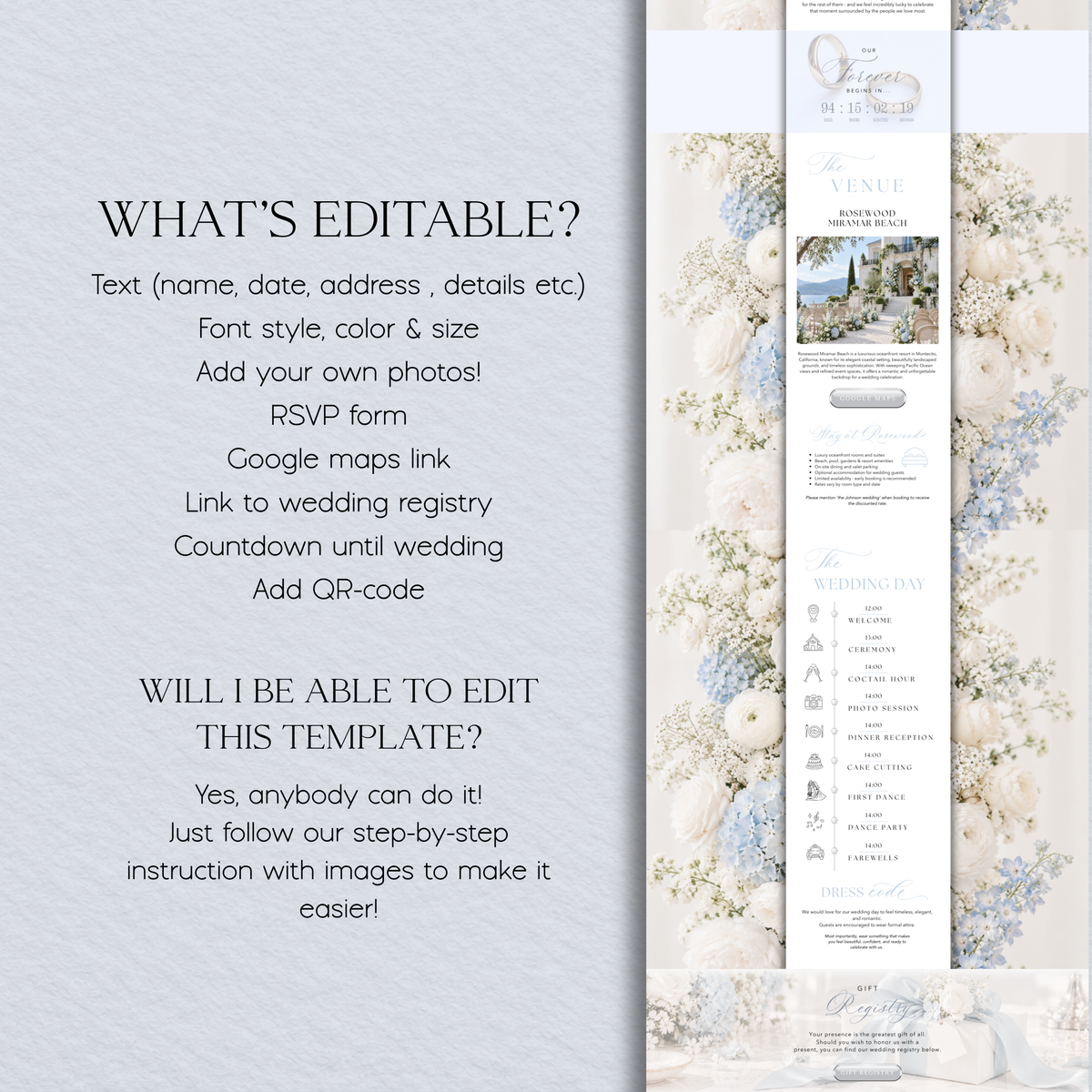 Editable Canva wedding template details: wording, fonts, photos, RSVP form, map links, registry and countdown.