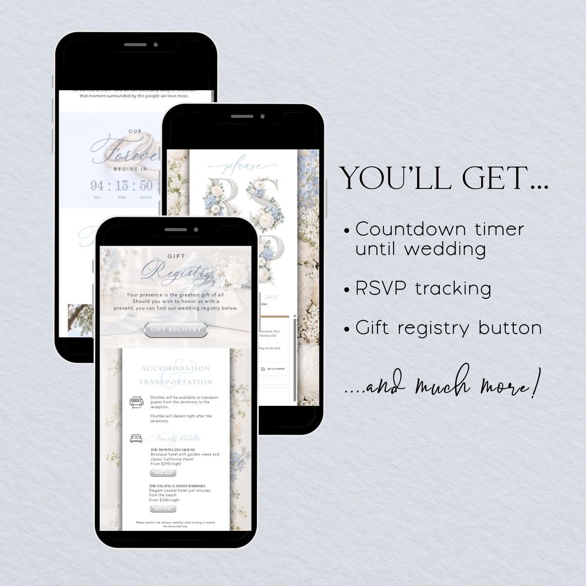 Wedding website previews showing the countdown timer, RSVP tracking and gift registry button.