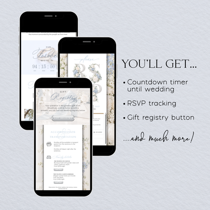 Wedding website previews showing the countdown timer, RSVP tracking and gift registry button.