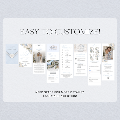 Overview of the light blue floral wedding website sections with space for photos and extra event details.