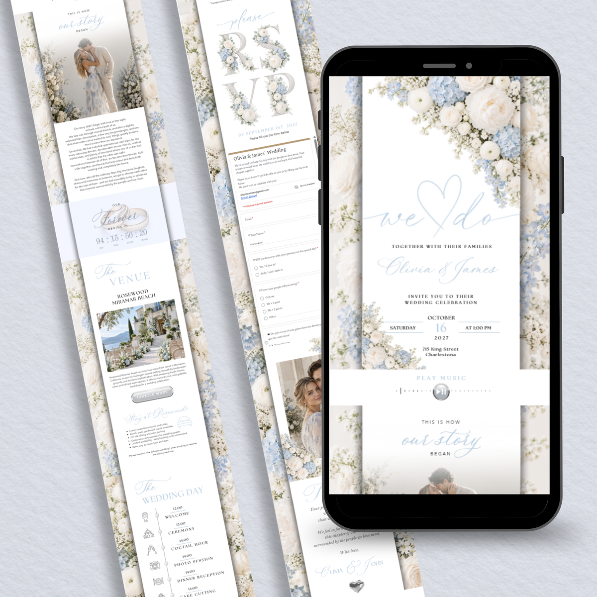 Blue and white floral Canva wedding website shown as a full page layout beside a tablet invitation preview.