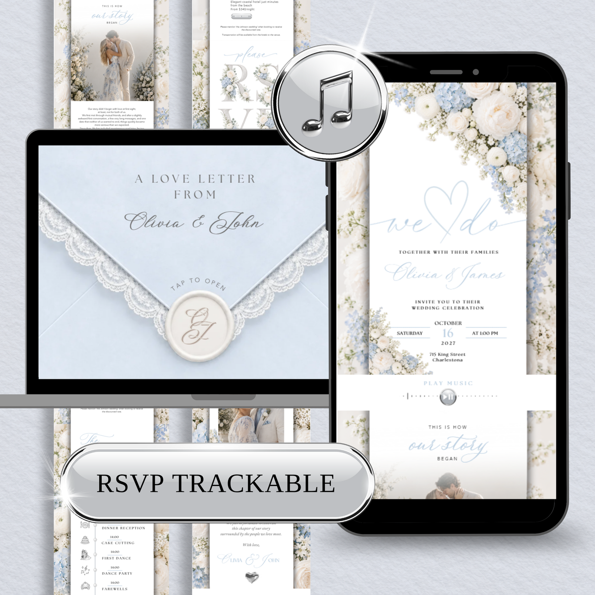 Light blue floral wedding website invitation with a lace envelope, tablet preview and RSVP tracking.