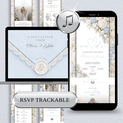 Light blue floral wedding website invitation with a lace envelope, tablet preview and RSVP tracking.