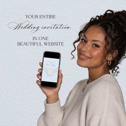 Woman holding a phone displaying the light blue envelope-style wedding website invitation.