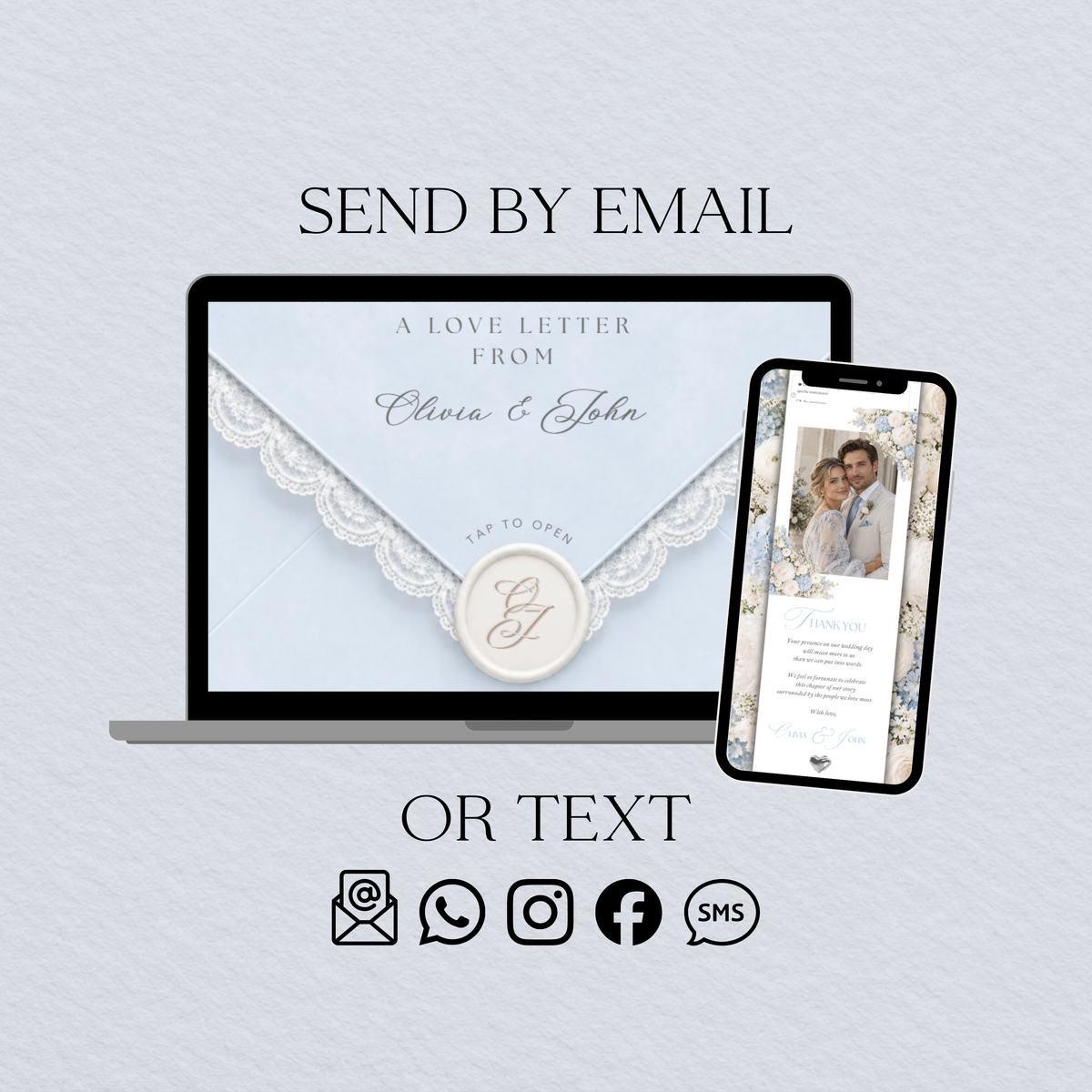 Light blue envelope and mobile wedding invitation with options to share the website by email or text.