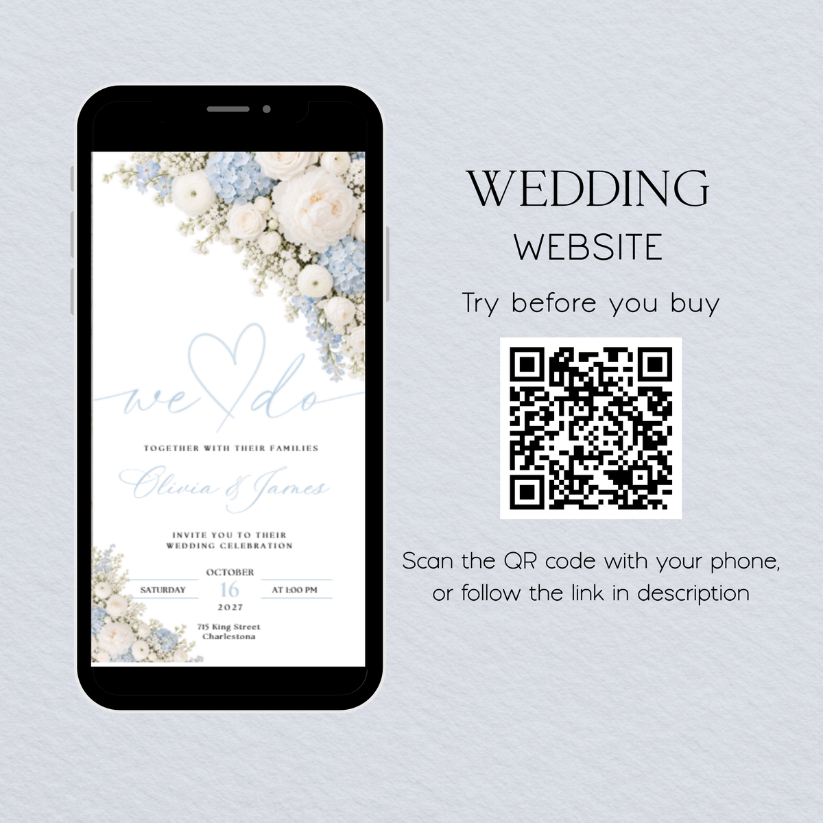 Light blue floral wedding invitation on a phone beside a QR code labeled Try before you buy.