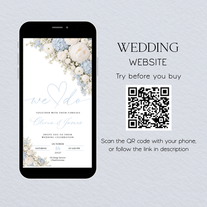 Light blue floral wedding invitation on a phone beside a QR code labeled Try before you buy.