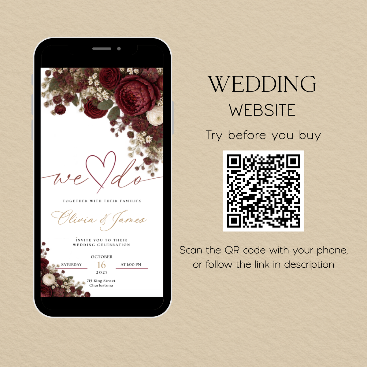 Burgundy floral wedding invitation on a phone beside a QR code for trying the website demo.