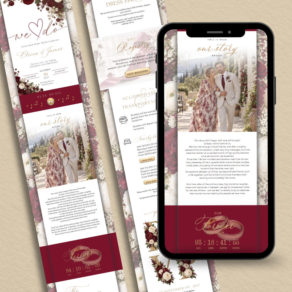 Burgundy and ivory floral wedding website layout beside a phone showing the couple's story and countdown.