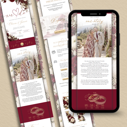 Burgundy and ivory floral wedding website layout beside a phone showing the couple's story and countdown.