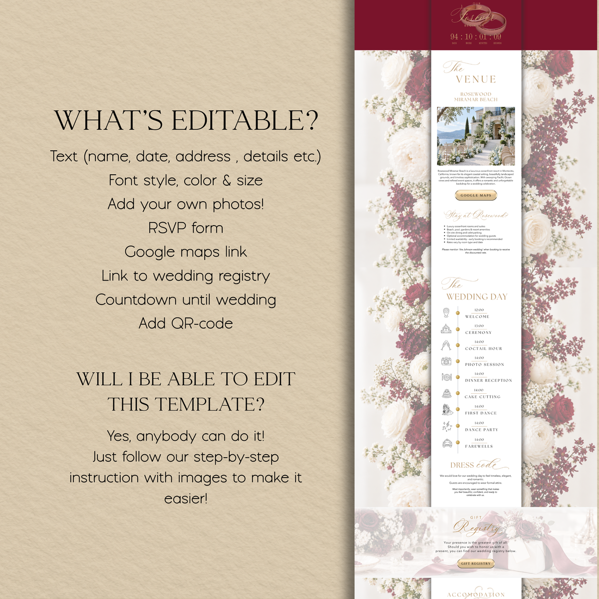 Editable Canva wedding website options including wording, fonts, photos, RSVP form, map, registry and countdown.