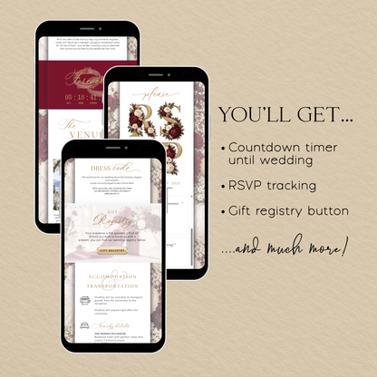 Mobile wedding website previews highlighting the countdown timer, RSVP tracking and gift registry button.