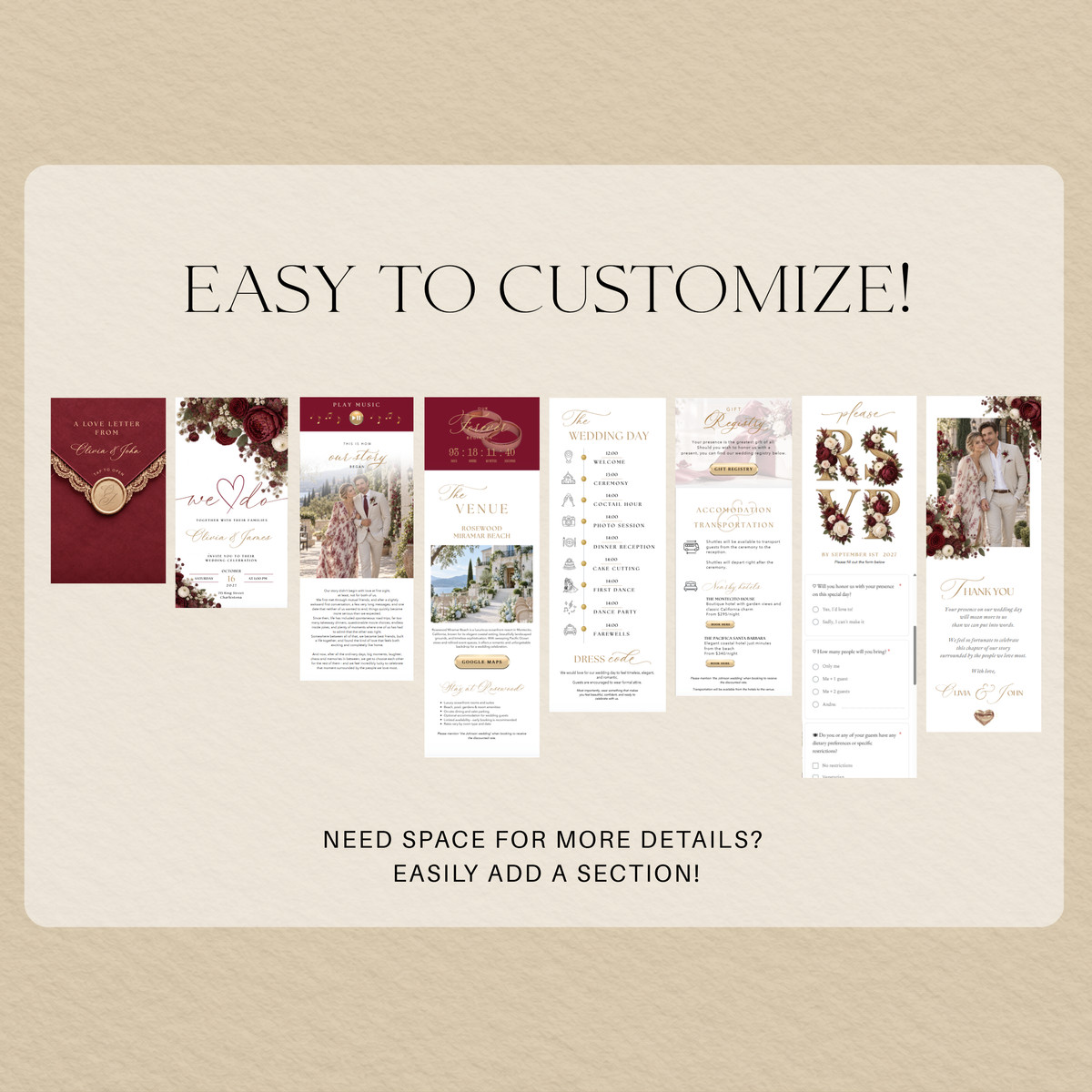 Overview of customizable burgundy floral wedding website sections, from the envelope welcome to the closing message.