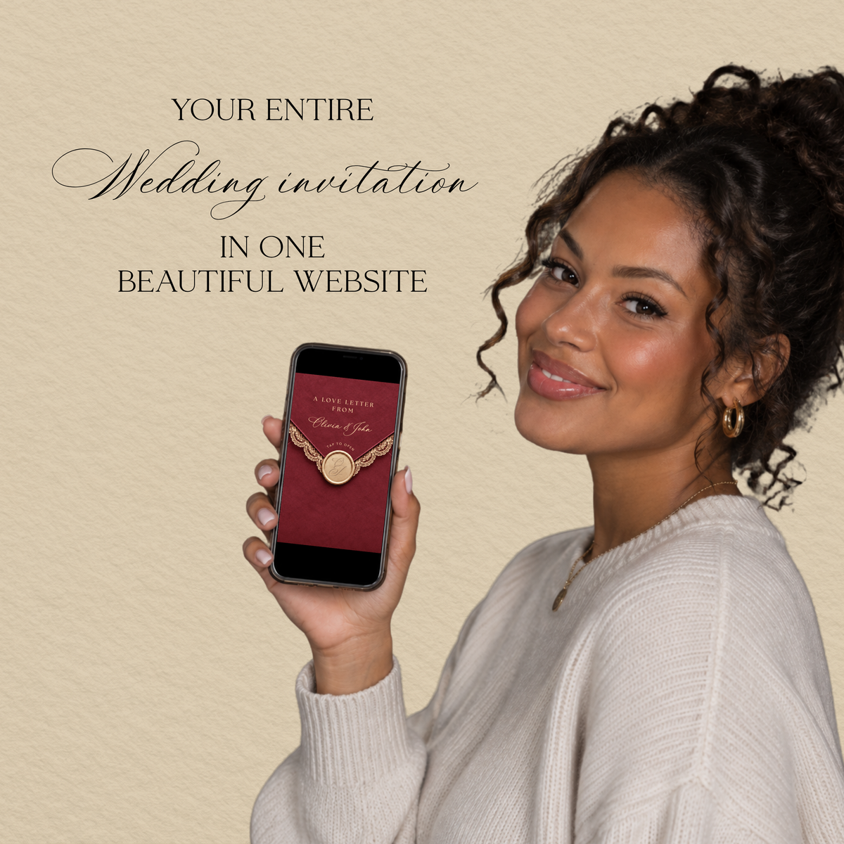 Woman holding a phone displaying the burgundy envelope-style wedding website invitation.