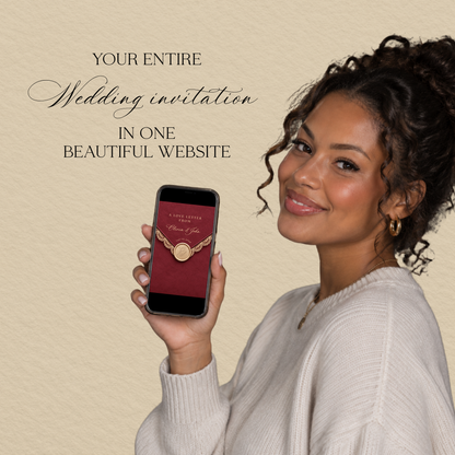 Woman holding a phone displaying the burgundy envelope-style wedding website invitation.