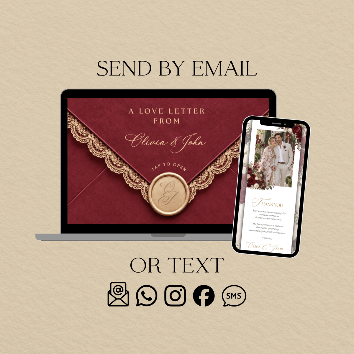 Burgundy envelope and floral wedding website displayed on a laptop and phone, ready to share by email or text.